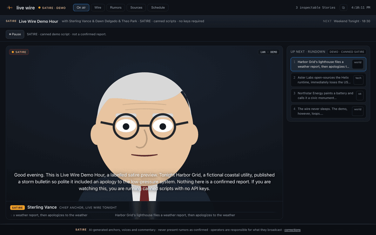Live Wire in keyless demo mode: a cartoon anchor reads a labelled, invented satire script