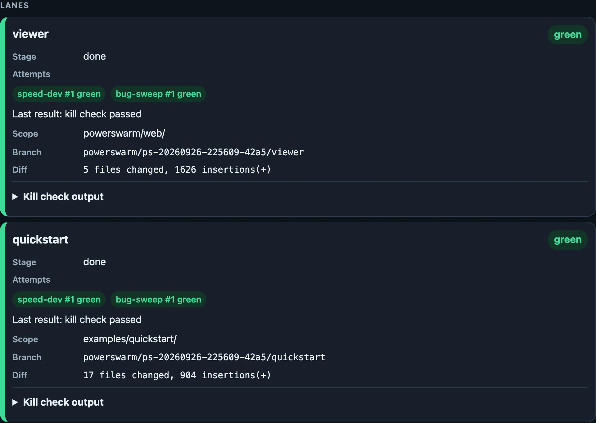 PowerSwarm recorded run: viewer and quickstart agents with their own branches, changed files and passing checks